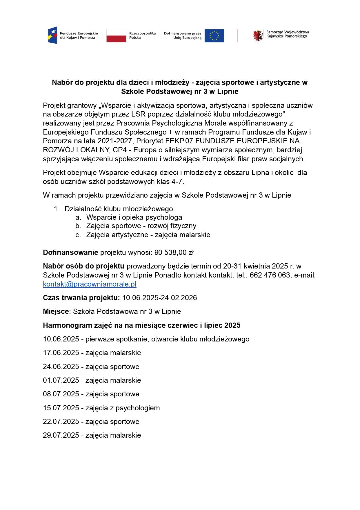 Nabór do projektu dla dzieci i młodzieży - zajęcia sportowe i artystyczne w Szkole Podstawowej nr 3 w Lipnie